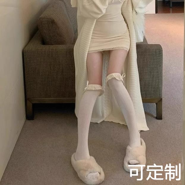 蕾丝花边过膝袜棉Lolita欲奶白长筒袜子女芭蕾风丝带拼接堆堆袜 - 图1