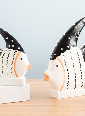 家居装饰原木黑条纹热带鱼摆件 地中海风格木质套二鱼装饰摆定制