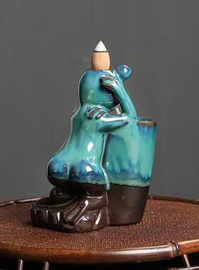 陶瓷倒流檀香香薰炉 创意窑变釉蓝色青蛙倒流香香炉家居摆件