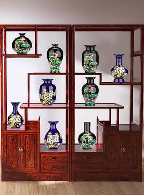 景德镇陶瓷花瓶新中式玄关客厅插花干花花器宝蓝青花瓷描金鲜花