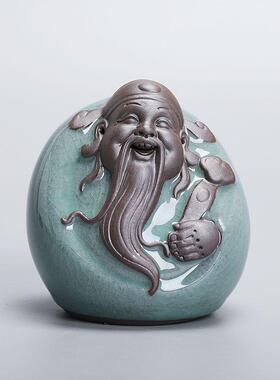 哥窑福禄寿茶宠摆件 紫砂和尚茶宠摆件 茶道开片陶瓷办公室装饰品