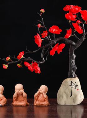 新中式慧能和尚客厅玄关装饰品酒柜电视柜仿真腊梅工艺品摆件
