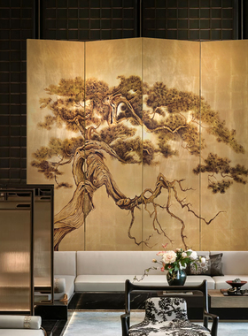 中式箔工艺迎客松中古风屏风画
