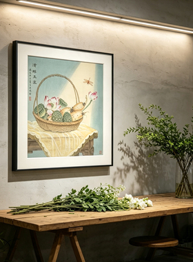 新中式清塘荷韵方形玄关挂画