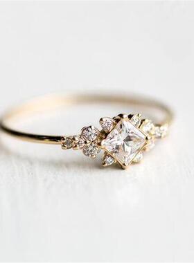 wish新款镶嵌方钻锆石戒指 跨境欧美14k金订婚尾戒指环爆款