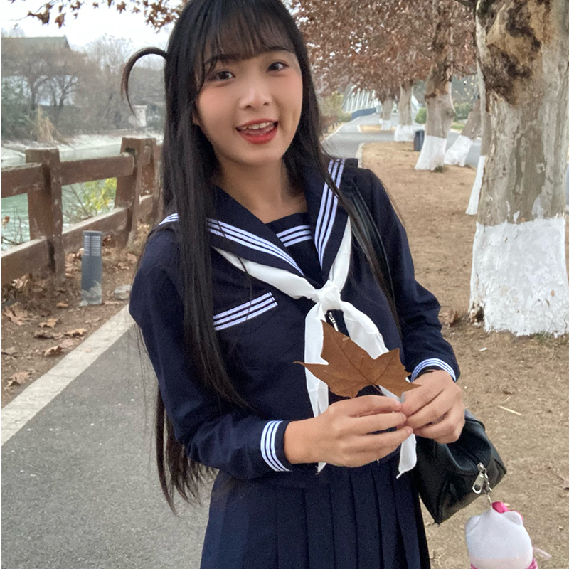 日系基础款水手服学院风jk制服套装绀色三本中间服上衣长短袖-图1