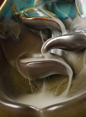 跨境专供陶瓷倒流香炉荷叶莲花蓝色左右逢源香薰炉工艺品家居摆件