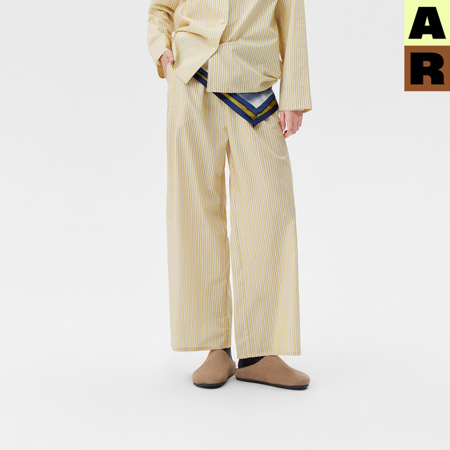 AR Tencel cotton optical illusion striped trousers home can be worn ນອກ Spring-sleeved home clothes suit four-season straight pants