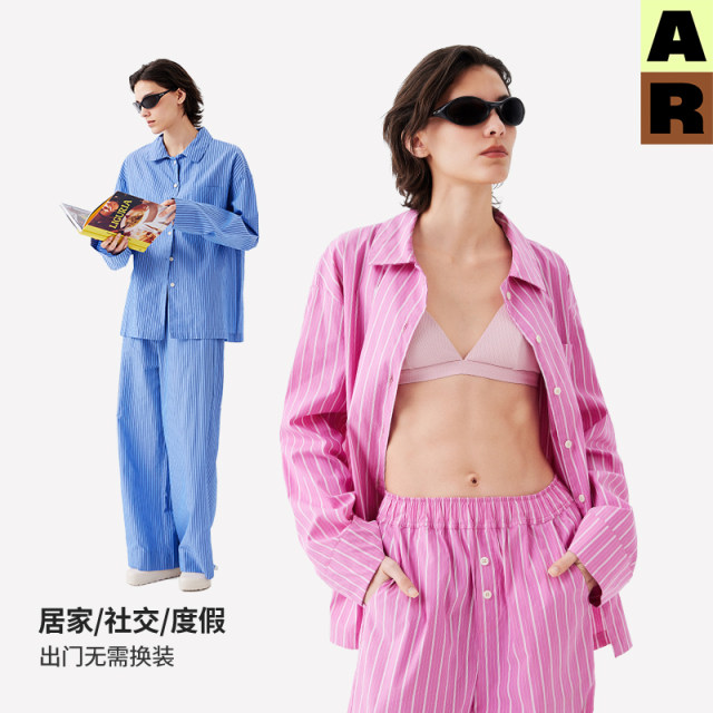 AR Striped Wearable Home Clothes Suit 2026 Spring and Summer Long Sleeve Pajamas Long Shorts Women's r Line AlmondRocks
