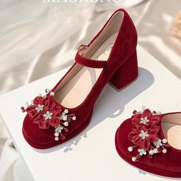 红色玛丽珍高跟鞋女配裙子订婚粗跟单鞋禾秀主婚纱两穿新娘订婚鞋,淘宝优惠券,粉丝福利购,淘宝优惠卷