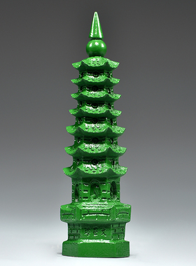 绿色桃木质雕刻7层文昌塔摆件