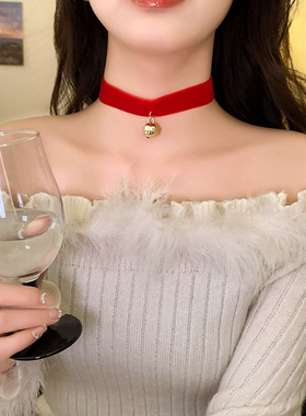 圣诞节红丝绒蝴蝶结铃铛项链女2024新款爆款氛围感项圈气质锁骨链