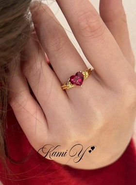 中古红色爱心交叉戒指女时尚贵气