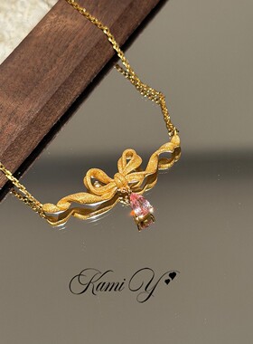 复古蝴蝶结绸缎吊坠项链