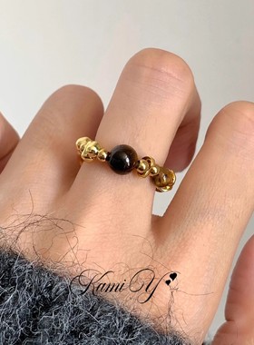 虎眼石碎银子弹力串珠金色戒指女