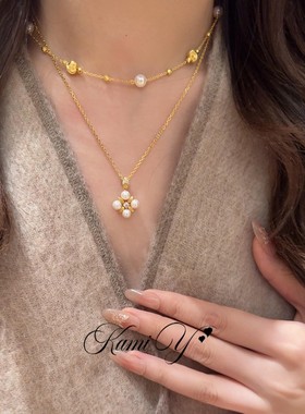 长期主义中古拉丝珍珠四叶花项链