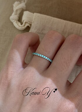 帕拉伊巴蓝色排钻银色细戒指轻奢