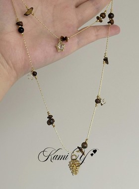 法式复古美拉德风虎眼石松果项链