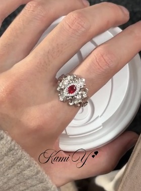 高级感红色锆石鸢尾花戒指女轻奢