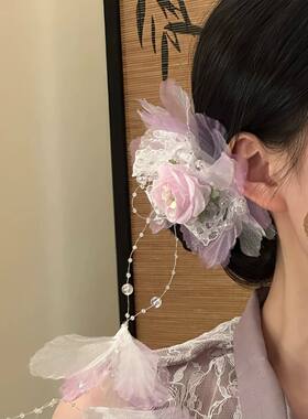 紫汀花雾2026新款氛围感紫色花朵流苏发夹女侧边夹新中式发饰