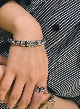 EBXBZ复古风编织链条手链男女立体浮雕银色金属手镯时尚个性饰品