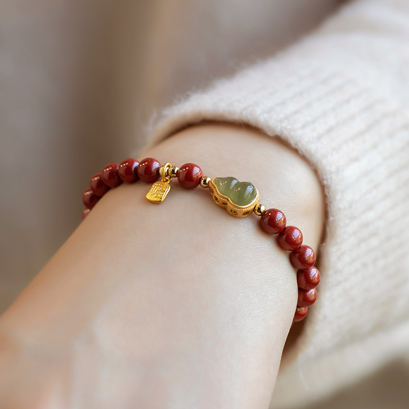 福一方朱砂手串女天然金镶玉手链 福一方手链