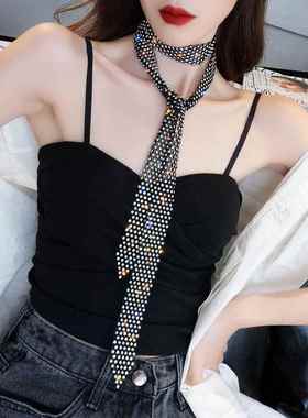 欧美夸张闪亮多排水钻长款流苏锁骨链女网红个性颈带黑色复古项链