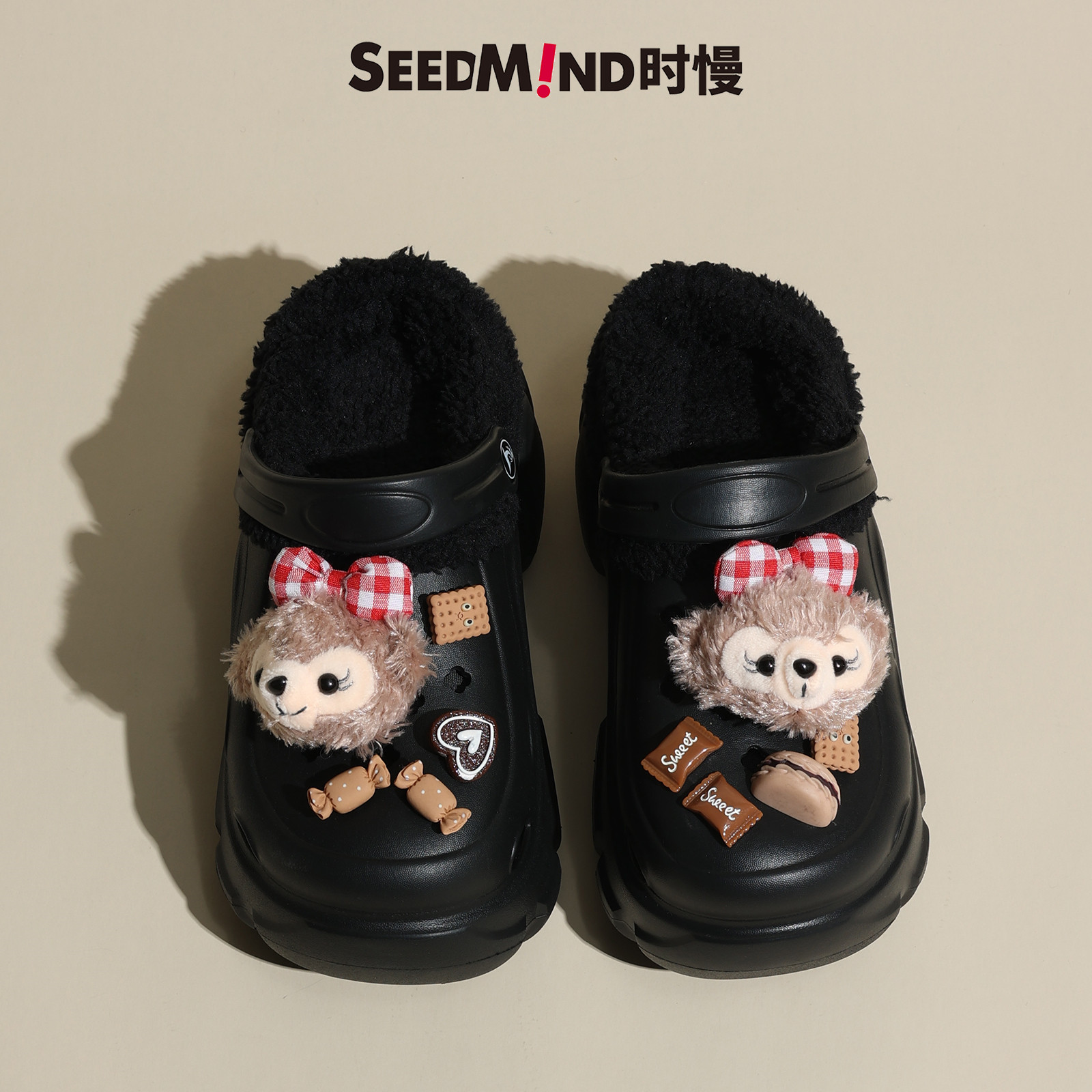 时慢洞洞鞋冬季加绒可拆卸女秋冬款黑色外穿女款增高加棉拖鞋毛绒,淘宝优惠券,粉丝福利购,淘宝优惠卷