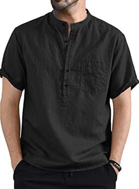 Men's Summer New Pure Cotton Hemp Button Short Sleev