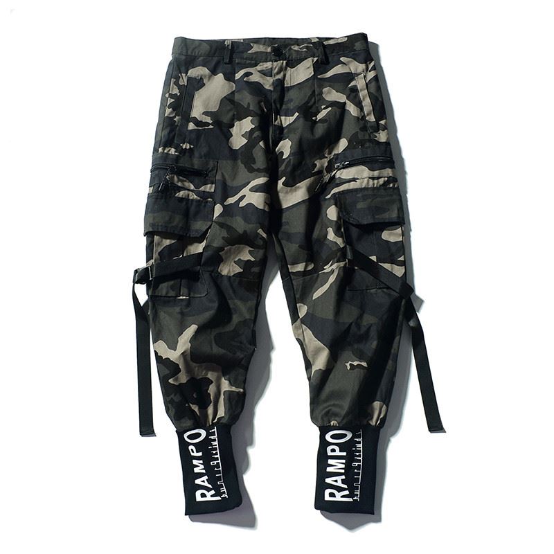 Camouflage Cargo Pants Mens Ribbons Multi-pockets Hip Hop Sp-图3