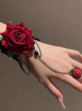 红色玫瑰戒指手链一体复古设计花朵手环蕾丝手腕饰品