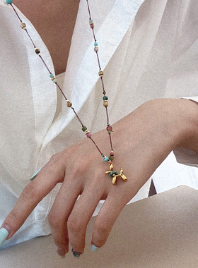 时尚百搭彩色天然石小狗编织项链女串珠珠子轻奢小众感毛衣链