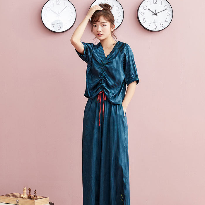 花灌春夏短袖丝滑条纹可爱文艺睡衣 花灌睡衣/家居服套装