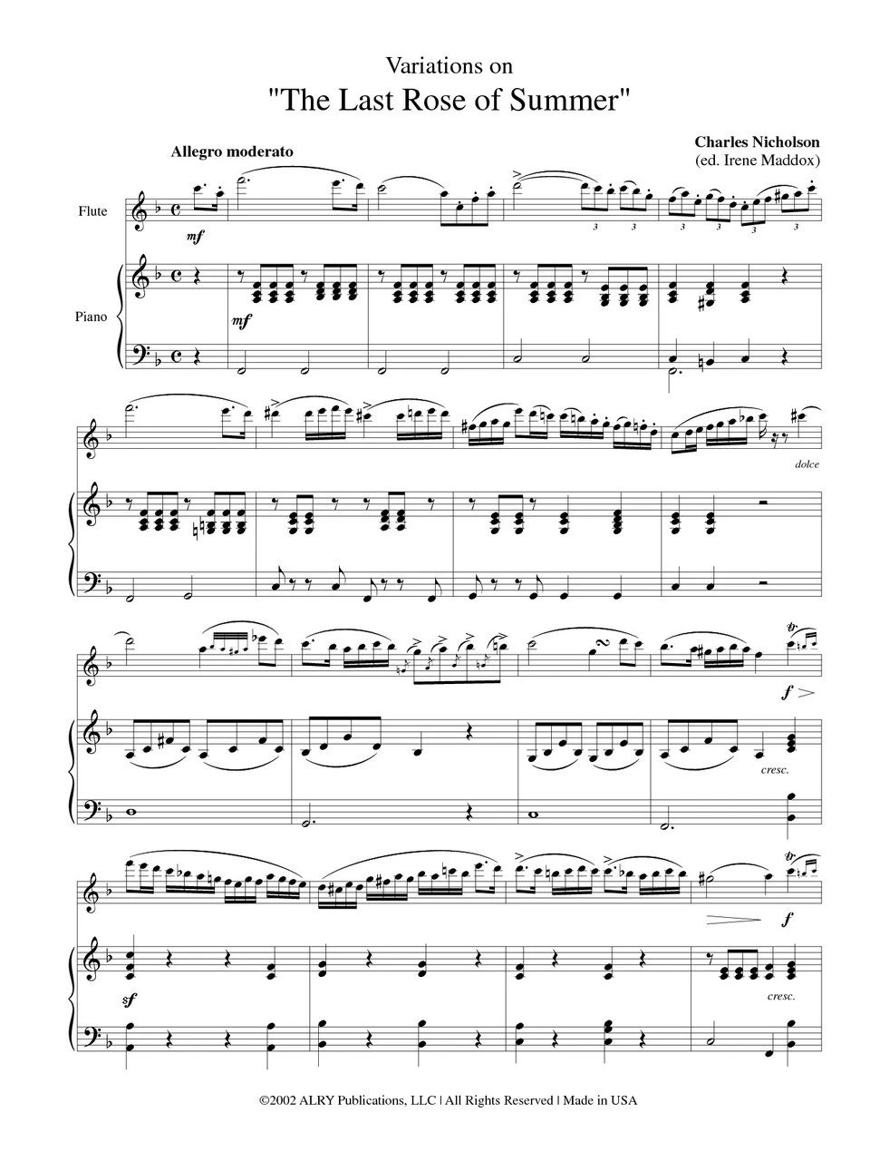 尼克尔森 夏日末后的玫瑰变奏曲 长笛和钢琴 Alry原版乐谱 Nicholson Variations on The Last Rose of Summer Flute Piano VE 859