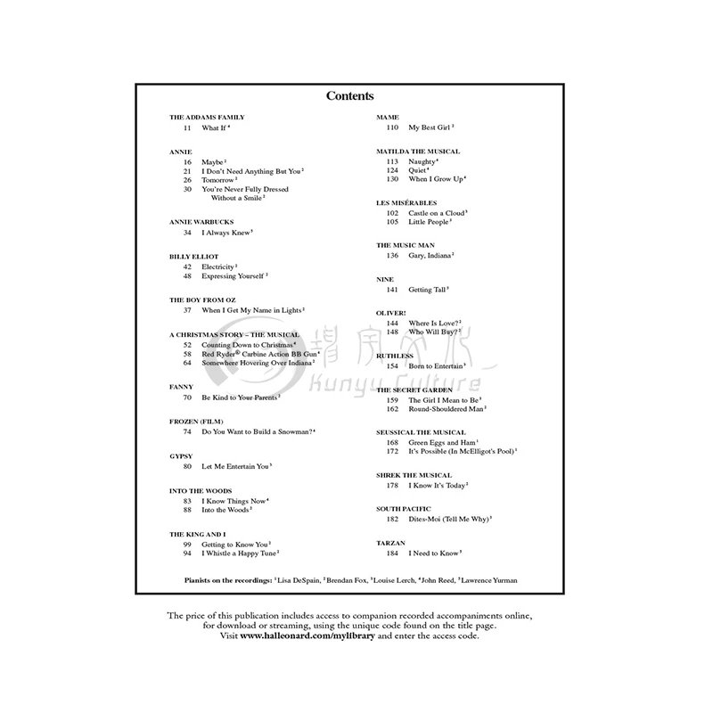 音乐剧演唱选集 儿童版 声乐附钢琴伴奏和在线音乐 海伦德乐谱书 Singers Musical Theatre Anthology Childrens HL00159519 - 图2