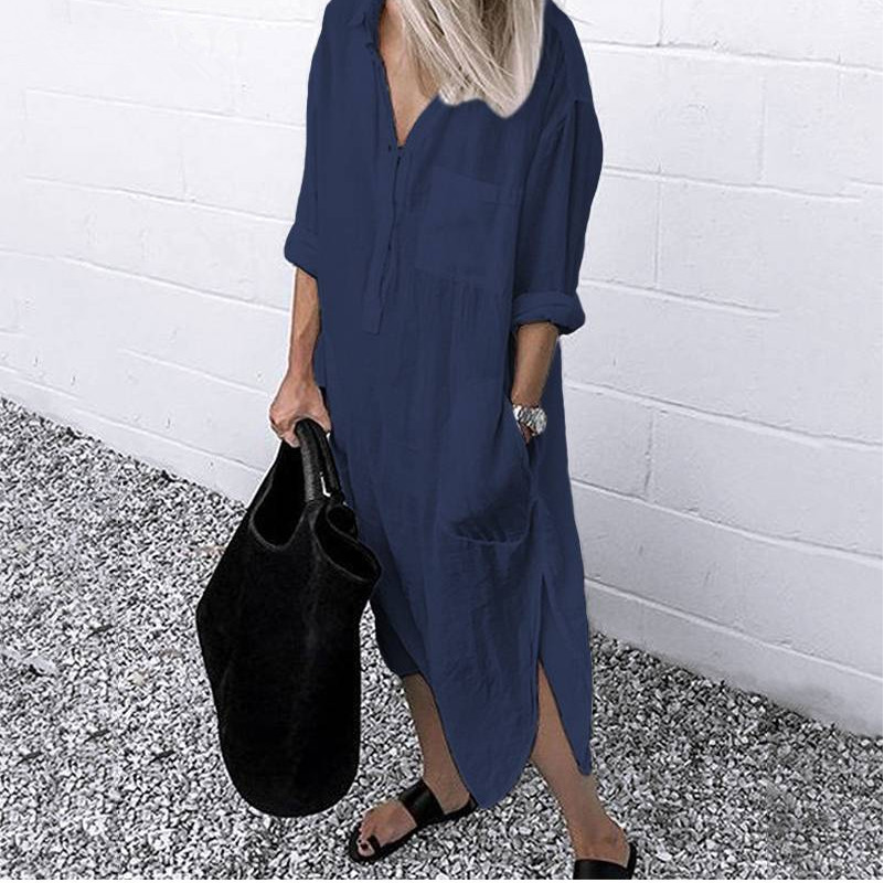 Solid Color Slit Simple Buttoned Long Shirtdress  钉扣衬衣裙 - 图2