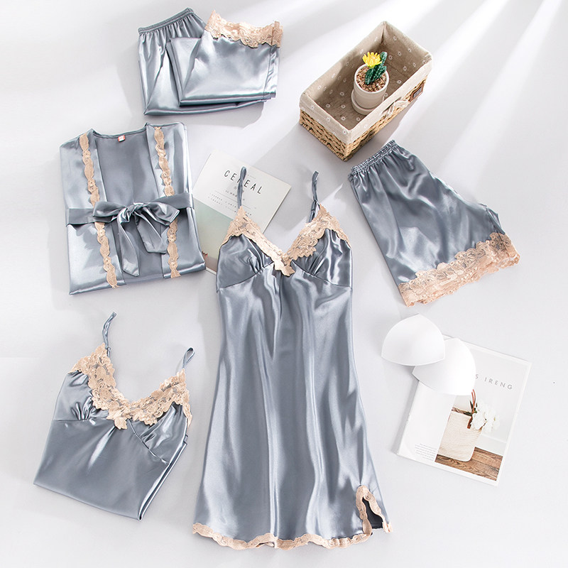 性感春秋季冰丝五件套吊带仿真睡裙 贝心适睡衣/家居服套装