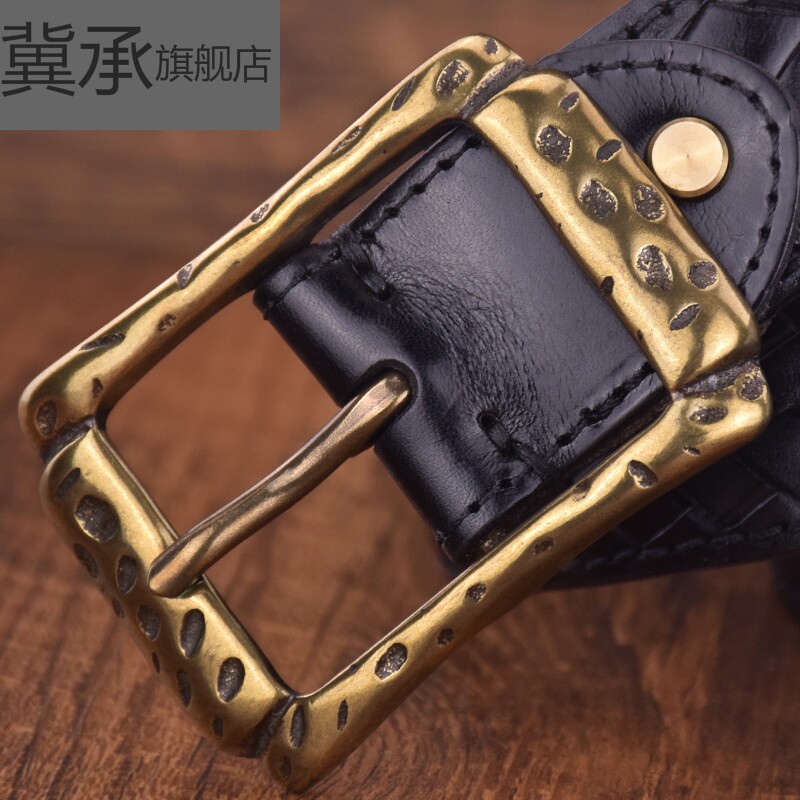 3.8 cm宽霸气铜扣编织牛仔裤腰带 冀承腰带/皮带/腰链