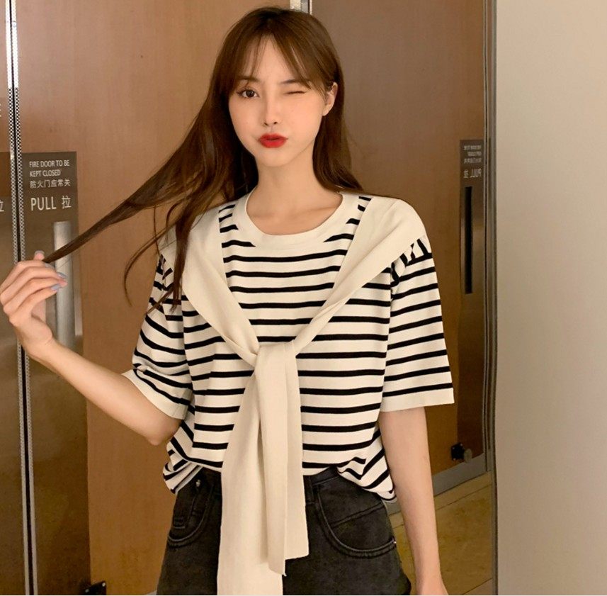 条纹海军领长袖针织衫假两件t恤 麻萱毛针织衫