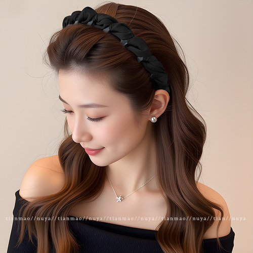 黑色缎面高颅顶发箍女2025新款夏高级感日常外戴洗脸头箍压发发卡 - 图0