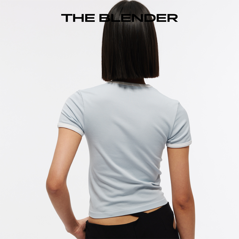 The Blender 撞色罗纹修身简约感无缝针织短款百搭夏季白色女T恤 - 图3