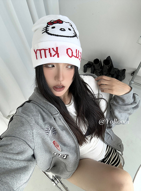 韩系可爱kitty白色冷帽针织帽女