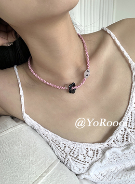 韩系粉色串珠项链小众花朵吊坠
