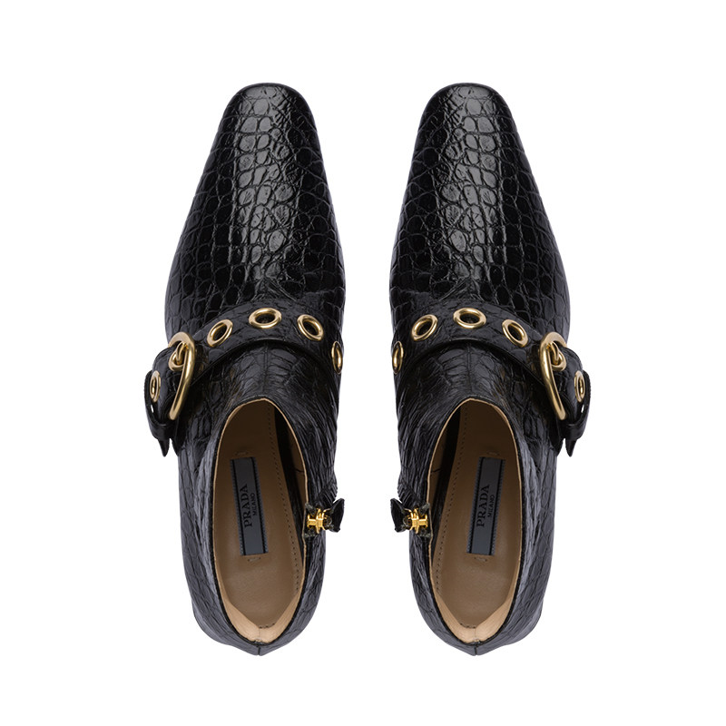 prada /普拉达黑色鳄鱼纹女士襻带 PRADA时装靴