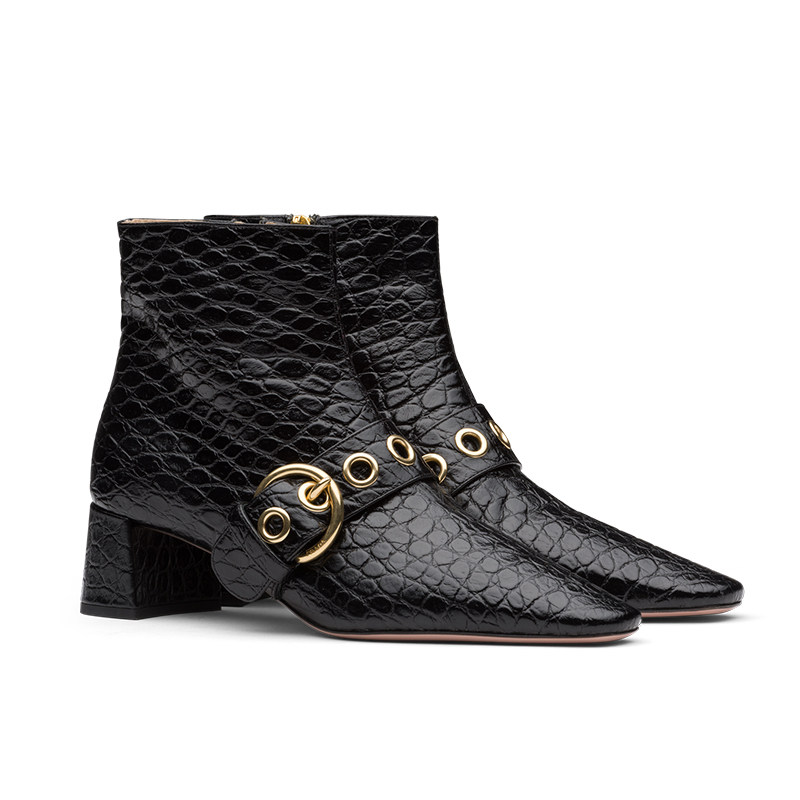 prada /普拉达黑色鳄鱼纹女士襻带 PRADA时装靴