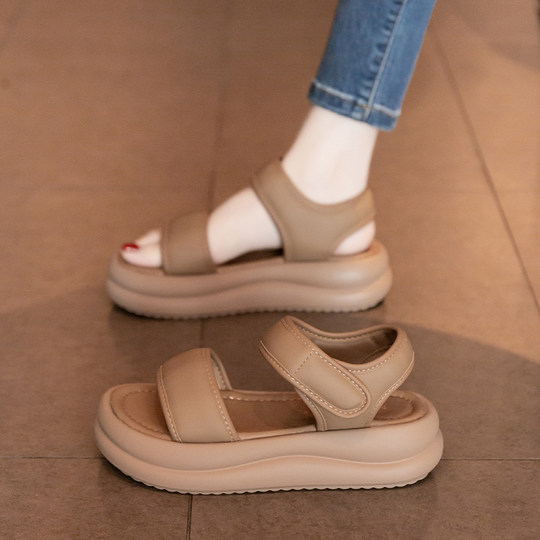 绝美厚底松糕罗马凉鞋女2025夏季新款魔术贴踩屎感运动休闲沙滩鞋