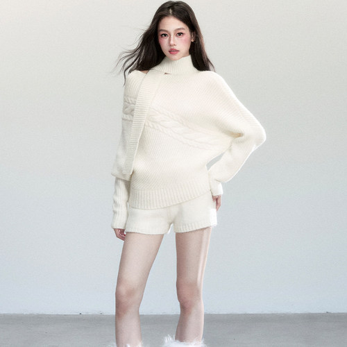 fragileheart易碎商店·韩系简约围脖毛衣气质蝙蝠袖上衣短裤套装 - 图3