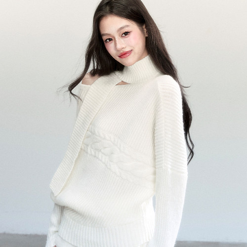 fragileheart易碎商店·韩系简约围脖毛衣气质蝙蝠袖上衣短裤套装 - 图1