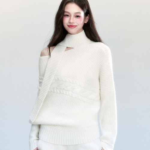 fragileheart易碎商店·韩系简约围脖毛衣气质蝙蝠袖上衣短裤套装 - 图0