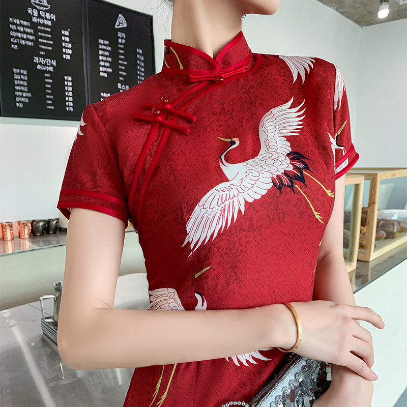 旗袍少女气质长款中国风复古连衣裙 抹茶菲尔旗袍